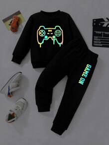 SHEIN Bộ thời trang bé trai Hoạt hình Lá thư Giải trí - màu đen - Xem 1