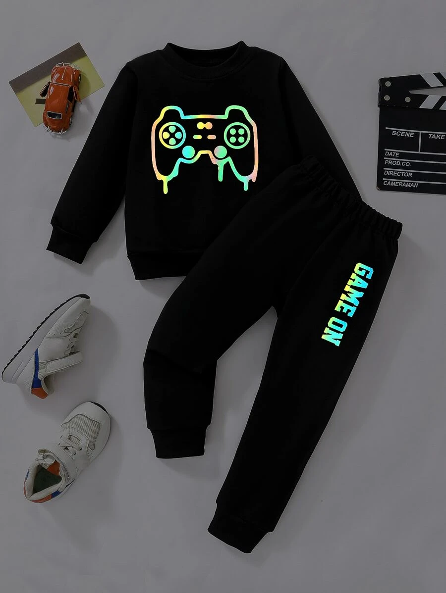 SHEIN Bộ thời trang bé trai Hoạt hình Lá thư Giải trí - màu đen - Xem 1