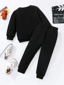 SHEIN Bộ thời trang bé trai Hoạt hình Lá thư Giải trí - màu đen - Xem 2