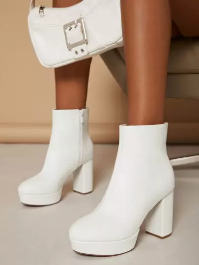 SHUZIA Women Shoes Classic Bootie Inner Zipper Round Toe Platform Block Heel Platform Bootie PU White Bootie Summer Shoes Spring Shoes Spring Break Easter For Christmas Valentine's Day