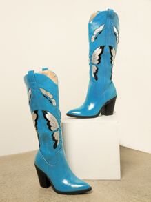 Mid Calf Butterfly Detail Cowboy Boots - Cadet Blue - View 2