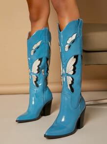 Mid Calf Butterfly Detail Cowboy Boots - Cadet Blue - View 3