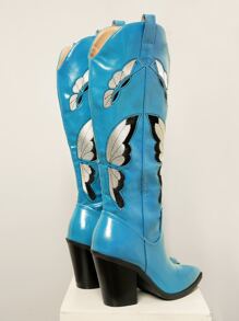 Mid Calf Butterfly Detail Cowboy Boots - Cadet Blue - View 4