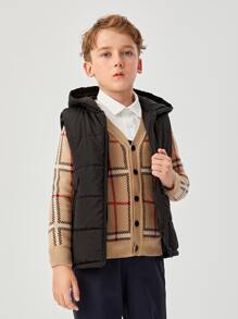 SHEIN Tween Boy Slant Pocket Zip Up Hooded Vest Coat,In Fall/Winter - Black - View 7