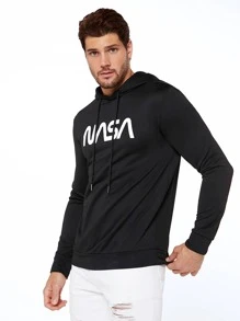 Manfinity VCAY 男士字母图案长袖外出抽绳连帽衫 - 黑色 - 查看 3