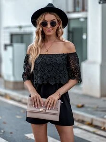 Contrast Guipure Lace Off Shoulder Romper - Black - View 5