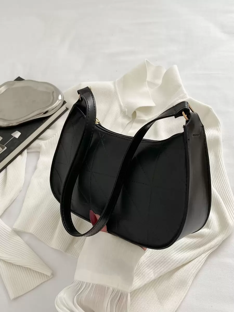 带拉链的纯色压纹几何单肩包，女士单肩包 - 压纹单肩包，时尚复古拉链包，休闲防水手提包，适合少女、女士、大学生、新秀和白领工作者，非常适合办公室、工作、商务、通勤，是女士最佳工作包