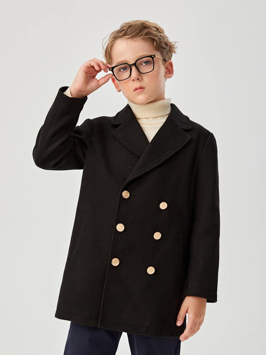 SHEIN Boys Double Breasted Overcoat - Black - View 1