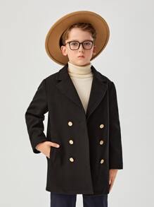 SHEIN Boys Double Breasted Overcoat - Black - View 4