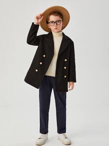 SHEIN Boys Double Breasted Overcoat - Black - View 5