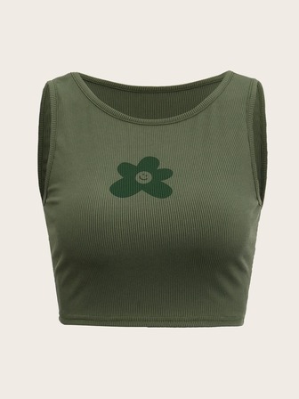 Top a canotta con costine e grafica floreale