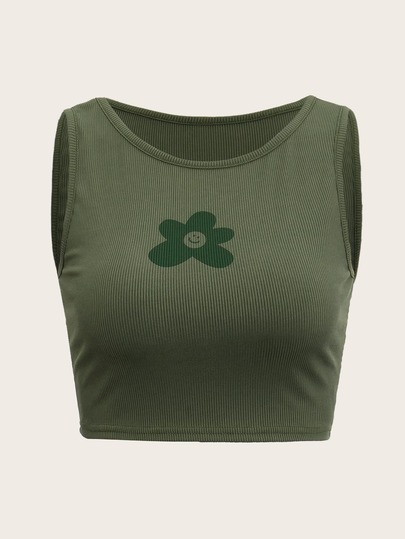 Top a canotta con costine e grafica floreale