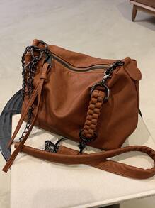 Chain Decor Vintage Design Hobo Bag - Rust Brown - View 1