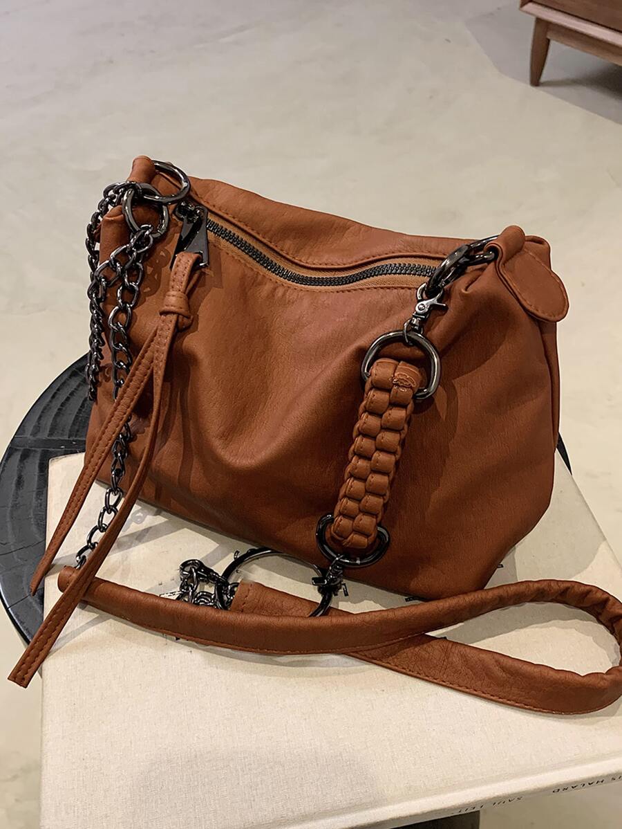 Chain Decor Vintage Design Hobo Bag - Rust Brown - View 1