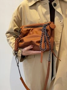Chain Decor Vintage Design Hobo Bag - Rust Brown - View 2