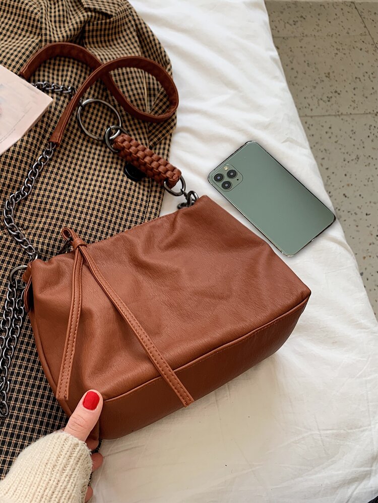 鏈條裝飾復古設計流浪包 - 鏽棕色 - 查看 4