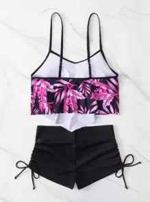 Swim Lushoire Random Tropical Print Hanky Hem Drawstring Tankini,Summer Beach - Purple - View 4