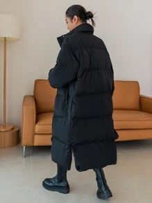 DAZY Letter Patched Slant Pockets Slit Hem Padded Coat - Black - View 2