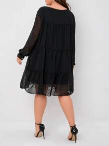 SHEIN LUNE Plus Swiss Dot Flounce Sleeve Ruffle Hem Smock Dress - Black - View 2