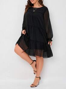 SHEIN LUNE Plus Swiss Dot Flounce Sleeve Ruffle Hem Smock Dress - Black - View 3