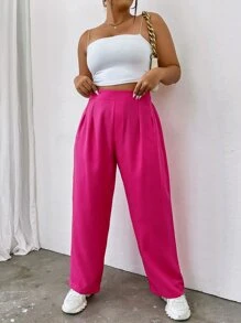 Flirla Quần Plus Size màu trơn Giải trí - Màu Hồng Tươi - Xem 4