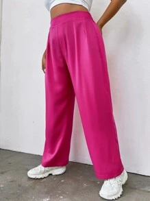 Flirla Quần Plus Size màu trơn Giải trí - Màu Hồng Tươi - Xem 5