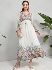 Mulvari Đầm Tương phản Mesh Dải chun Hoa Boho - trắng - Xem 1