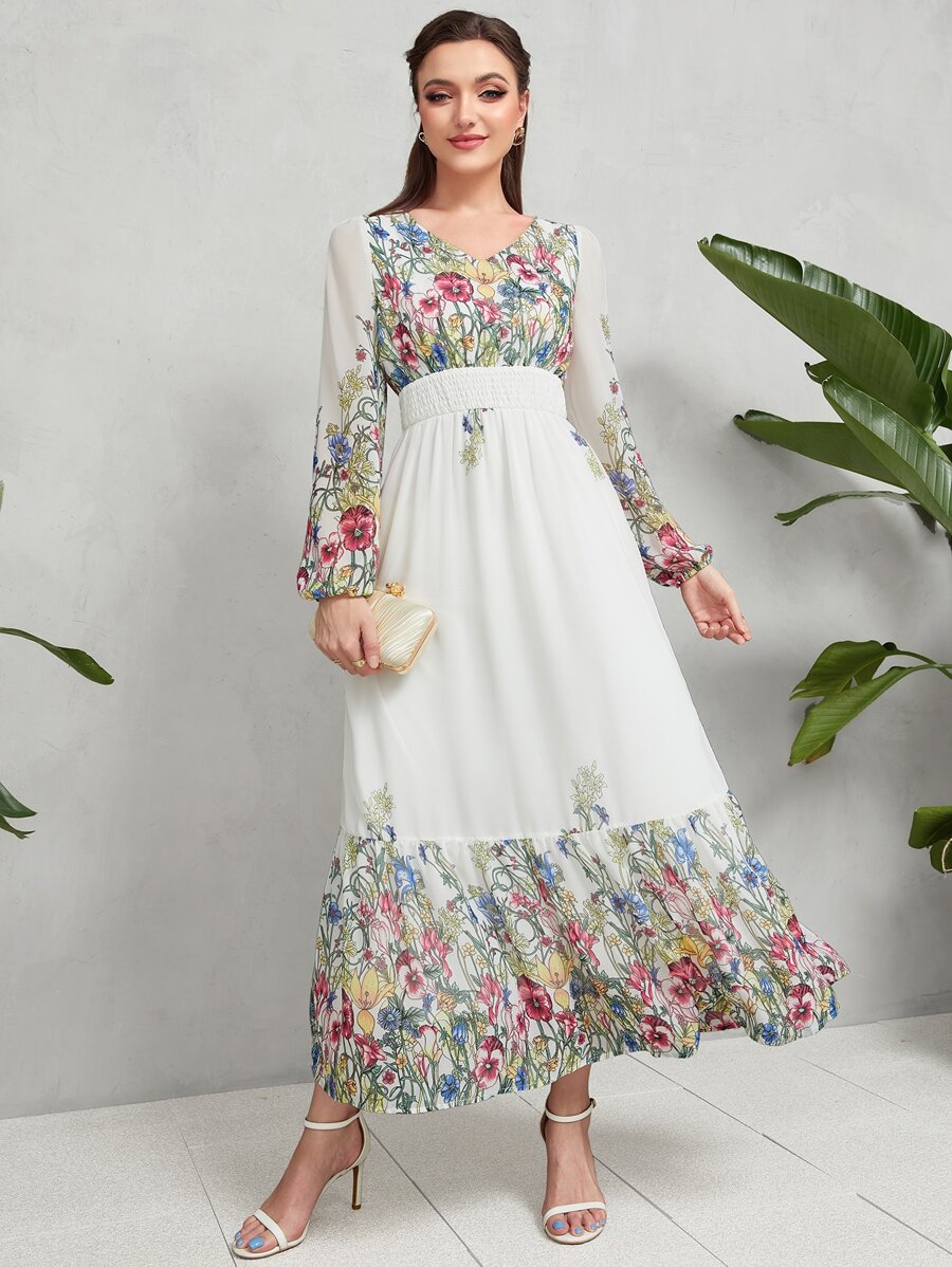 Mulvari Đầm Tương phản Mesh Dải chun Hoa Boho - trắng - Xem 1