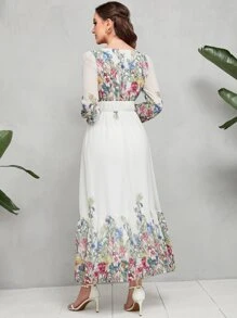 Mulvari Đầm Tương phản Mesh Dải chun Hoa Boho - trắng - Xem 2
