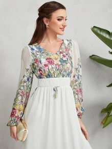 Mulvari Đầm Tương phản Mesh Dải chun Hoa Boho - trắng - Xem 4