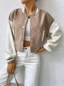 SHEIN EZwear Striped Trim Color Block Drop Shoulder Varsity Jacket - Khaki - View 3