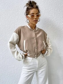 SHEIN EZwear Striped Trim Color Block Drop Shoulder Varsity Jacket - Khaki - View 5