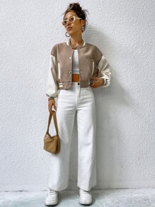 SHEIN EZwear Striped Trim Color Block Drop Shoulder Varsity Jacket - Khaki - View 6