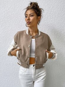 SHEIN EZwear Striped Trim Color Block Drop Shoulder Varsity Jacket - Khaki - View 4