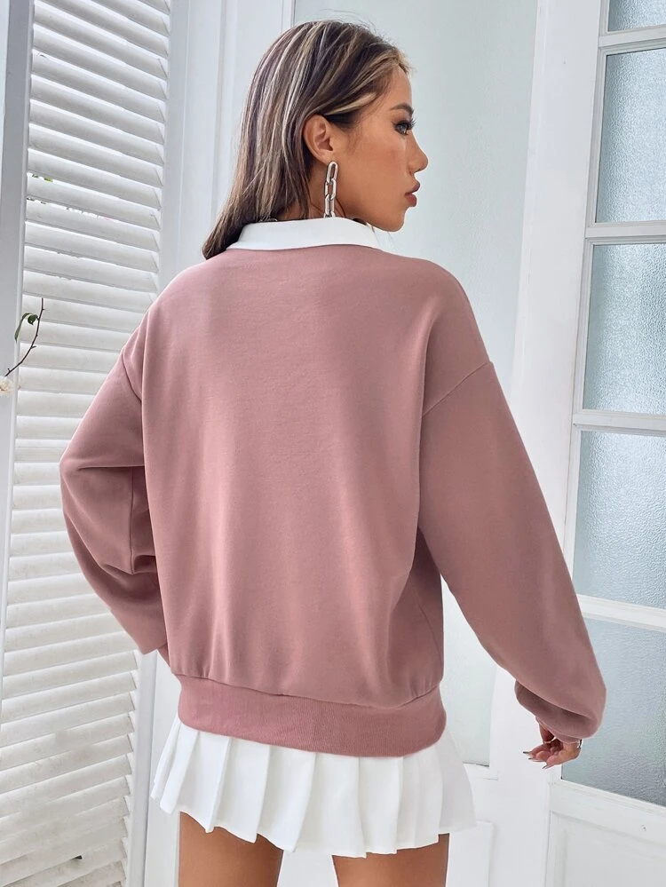 Contrast Collar Drop Shoulder Pullover,Long Sleeve Tops Graduation,Back To School Outfits,Graduation,Teacher Outfits For Women,Back To School In Fall/Winter