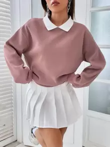 SHEIN EZwear Contrast Collar Drop Shoulder Pullover,Long Sleeve Tops Graduation,Back To School Outfits,Graduation,Teacher Outfits For Women,Back To School In Fall/Winter - Pink - View 5