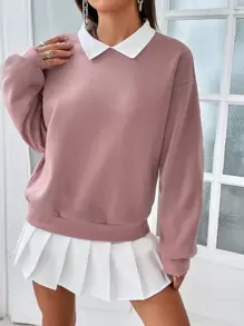 SHEIN EZwear Contrast Collar Drop Shoulder Pullover,Long Sleeve Tops Graduation,Back To School Outfits,Graduation,Teacher Outfits For Women,Back To School In Fall/Winter - Pink - View 6