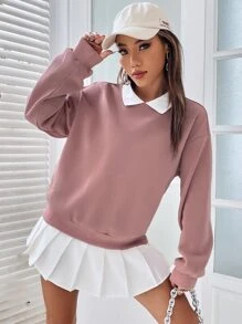 SHEIN EZwear Contrast Collar Drop Shoulder Pullover,Long Sleeve Tops Graduation,Back To School Outfits,Graduation,Teacher Outfits For Women,Back To School In Fall/Winter - Pink - View 7