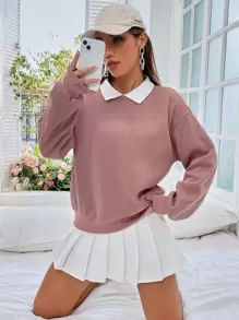 SHEIN EZwear Contrast Collar Drop Shoulder Pullover,Long Sleeve Tops Graduation,Back To School Outfits,Graduation,Teacher Outfits For Women,Back To School In Fall/Winter - Pink - View 1