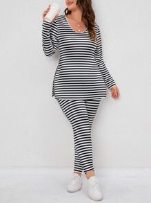 SHEIN LUNE Plus Striped Tee & Leggings - Black and White - View 1