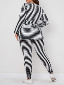 SHEIN LUNE Plus Striped Tee & Leggings - Black and White - View 2