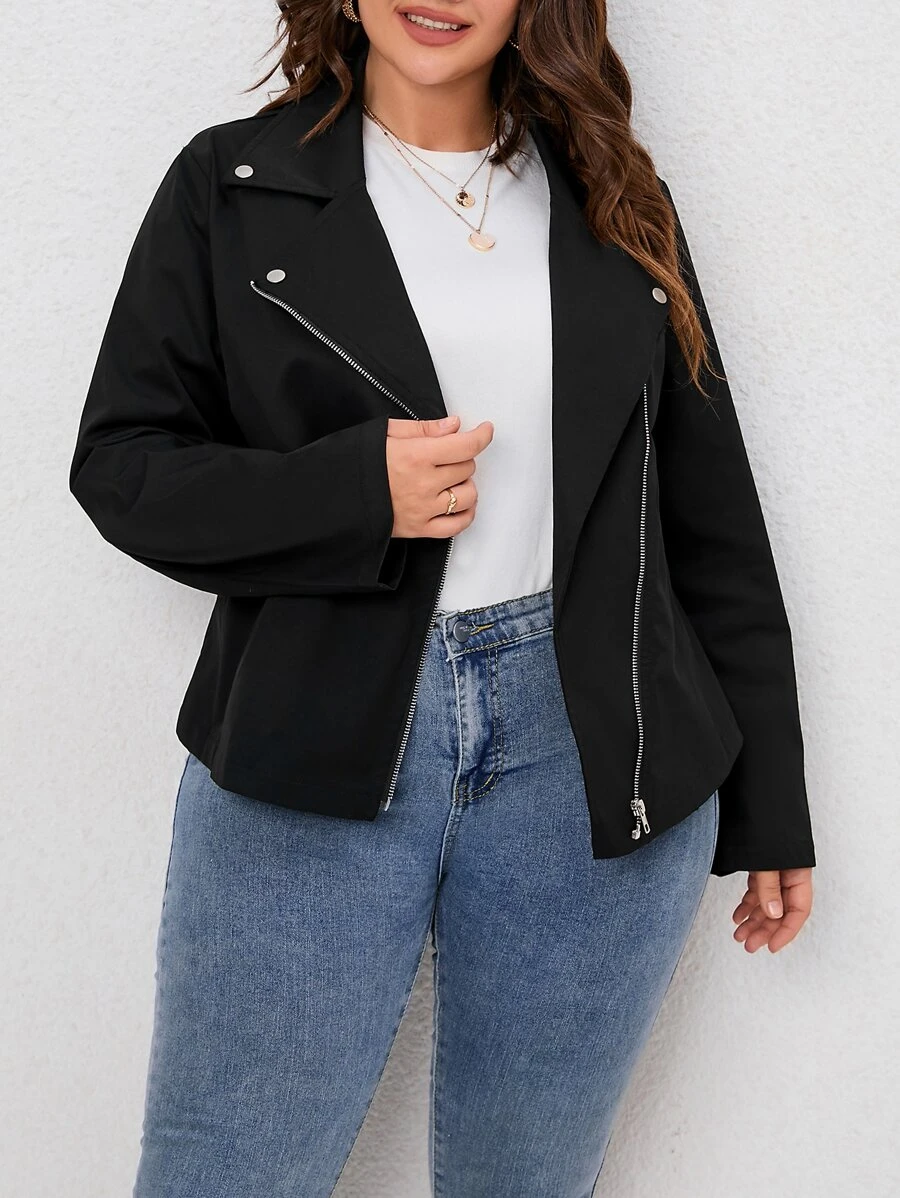 SHEIN LUNE áo khoác kích thước lớn Nút Dây kéo màu trơn Giải trí - màu đen - Xem 1