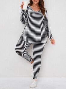SHEIN LUNE Plus Striped Tee & Leggings - Black and White - View 3