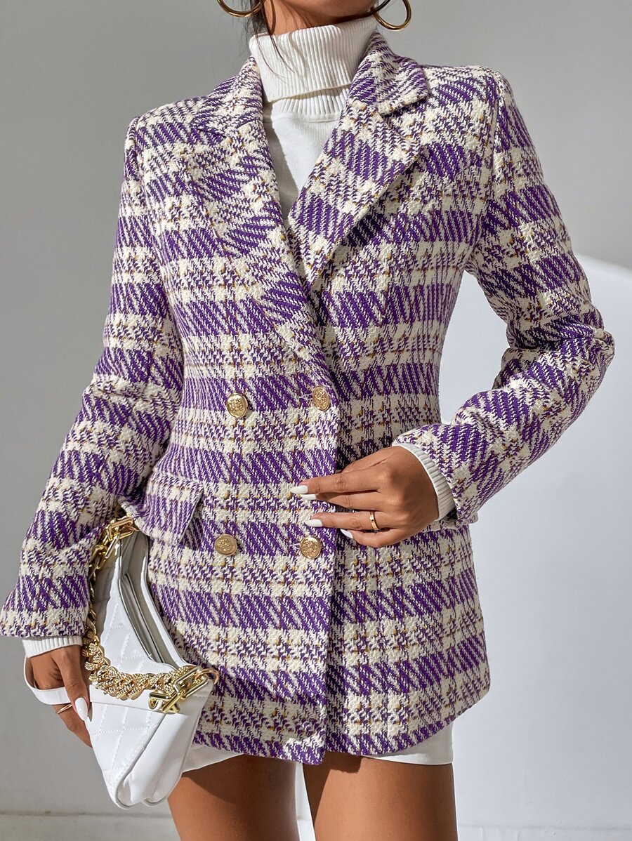 SHEIN Privé Plaid Lapel Neck Double Breasted Blazer - Purple - View 1