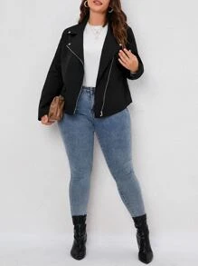 SHEIN LUNE áo khoác kích thước lớn Nút Dây kéo màu trơn Giải trí - màu đen - Xem 3