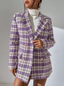 SHEIN Privé Plaid Lapel Neck Double Breasted Blazer - Purple - View 4
