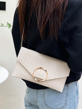 Crocodile Embossed Metal Decor Flap Chain Envelope Bag