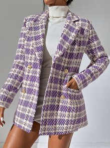 SHEIN Privé Plaid Lapel Neck Double Breasted Blazer - Purple - View 5