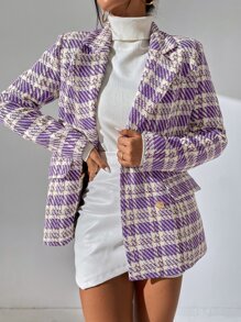 SHEIN Privé Plaid Lapel Neck Double Breasted Blazer - Purple - View 6