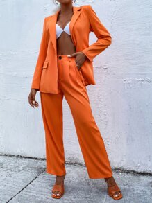 SHEIN Essnce Single Button Blazer & Fold Pleated Trousers - Orange - View 2